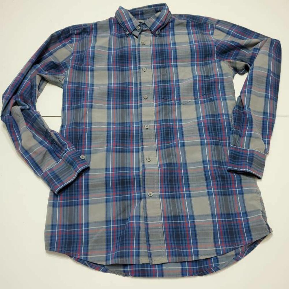George Mens Oxford Shirt Blue‎ Gray Plaid Button Down Collar Pocket S 34-36